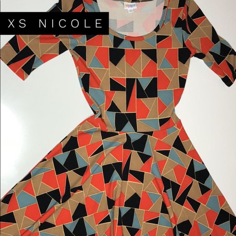 LuLaRoe Nicole XS A-line Skater Dress Black Orange Geometric Triangle Pattern
